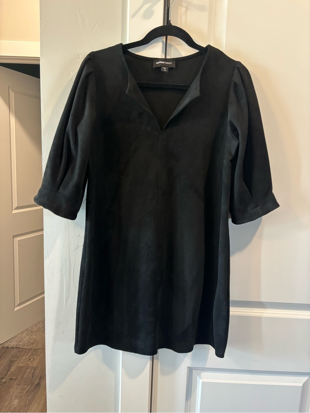 Fifteen Twenty Black V-Neck Elbow Sleeve Tunic Dress faux suede slight sparkle